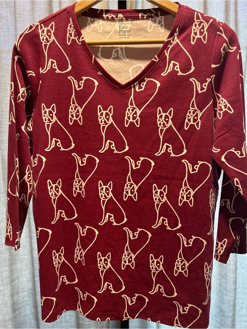 Kim Rogers Burgundy Long-Sleeve V-Neck Top with Cream Dog Outline Print